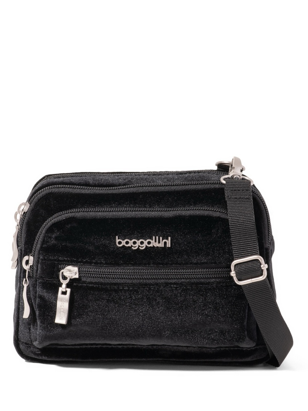 NWT Baggallini Black Velvet Triple Zip Crossbody Bag